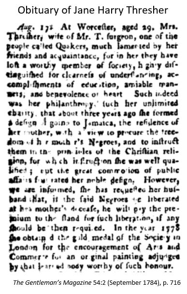 Obituary for Jane Harry Thresher in The Gentleman's Magazine, September 1784