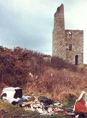 The Grenville Stamps Engine, with rubbish in foreground, Troon, Cornwall