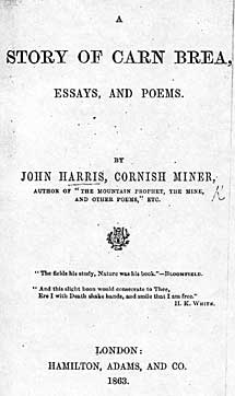 Title Page of John Harris's book A Story of Carn Brea, Essays, and Poems (1863)