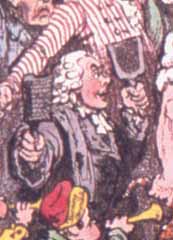 Jekyll with a dustpan and brush in a detail of Gillray's cartoon 'Integrity Retiring From Office'